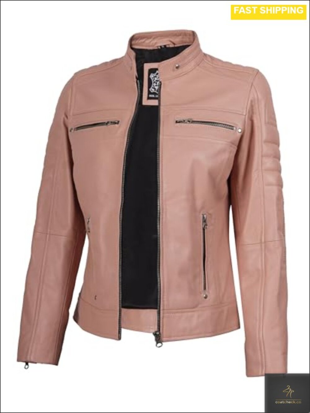 100% Real Lambskin Leather Jacket Women's Cafe Racer Moto Stand Collar